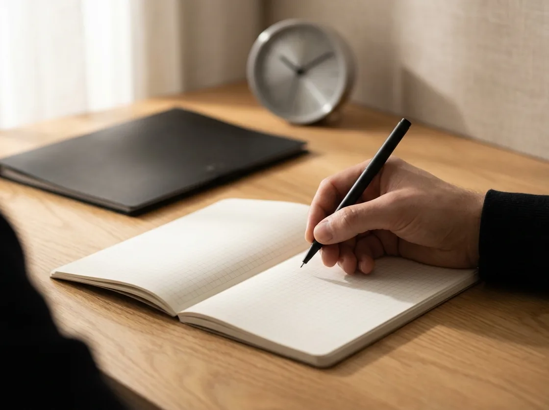 A hand holding a fine black pen above an open blank planner on an oak desk, beside a closed black folder and a small metal clock