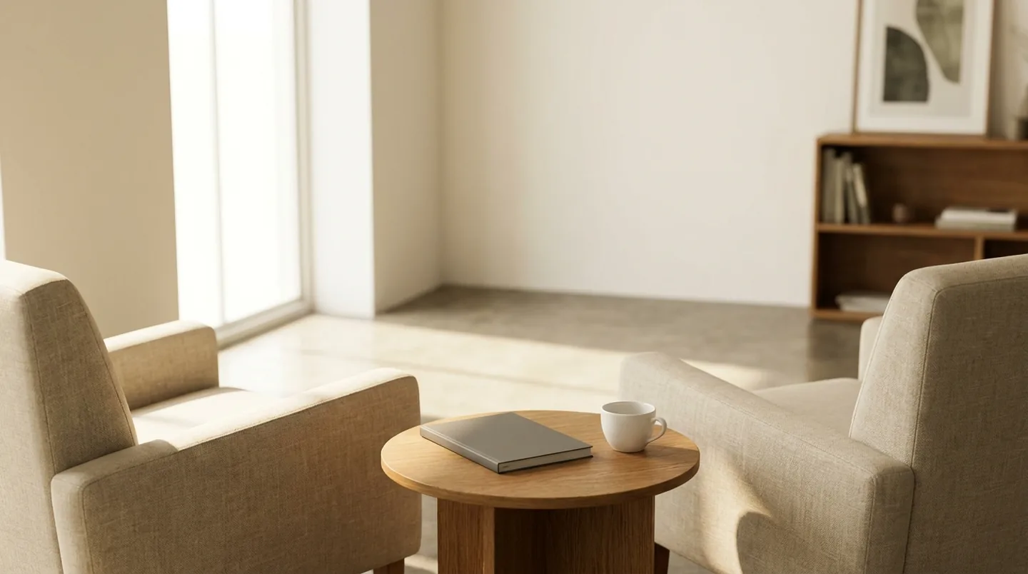 A consultation corner with two linen armchairs facing each other across a round wooden table holding a notebook and a cup