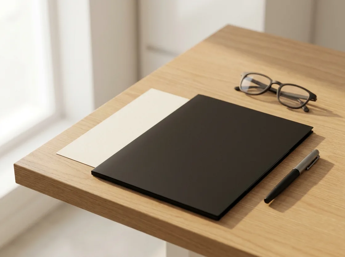 A closed black document folder, a pen, reading glasses and a sheet of paper squared on a light oak desk in window light