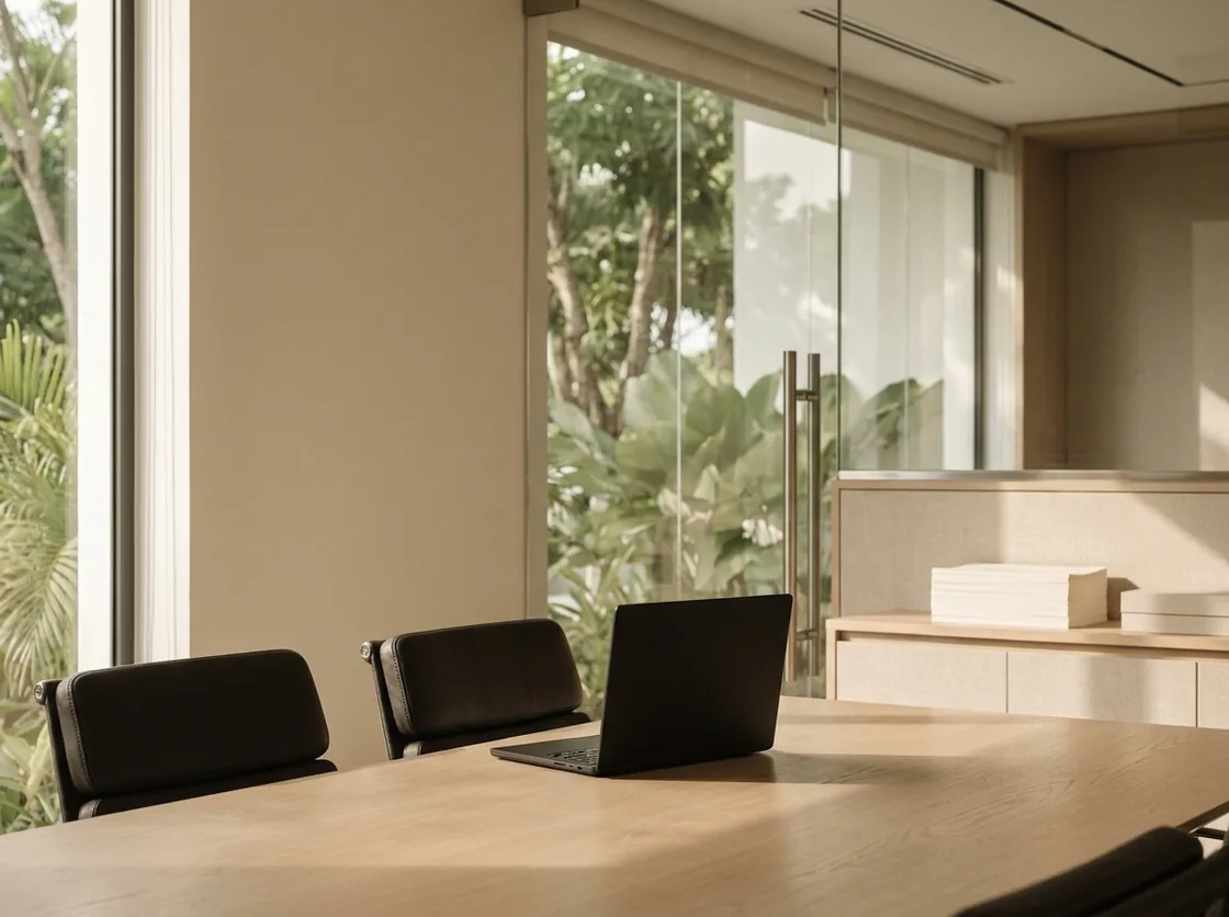 An empty meeting room in a modern professional-services office, oak table and glass wall opening onto tropical foliage